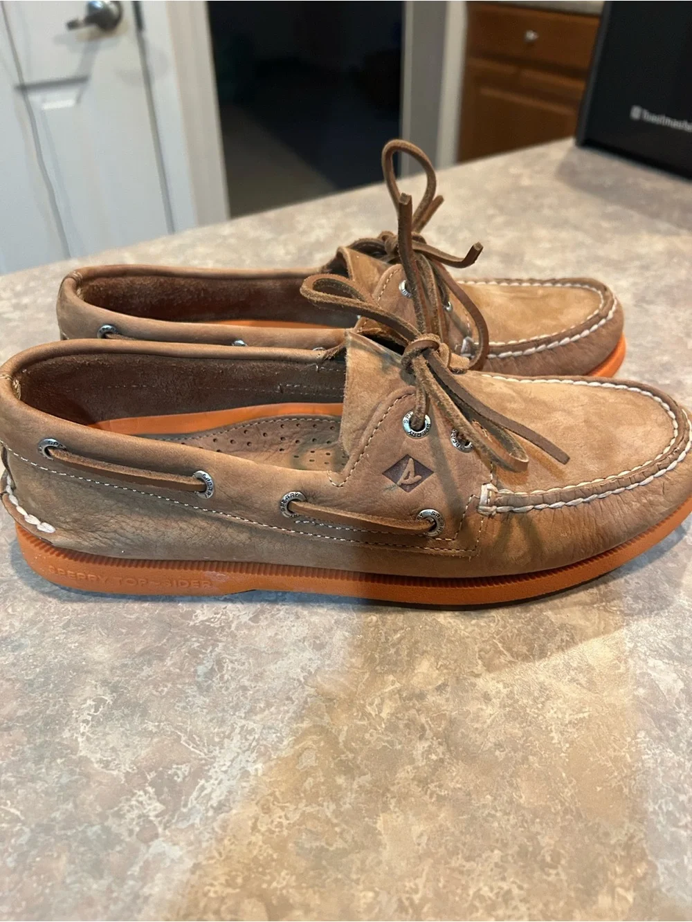 Sperry Brown Suede Men’s Top-Sider Boat Shoes with Orange Sole Size 8.